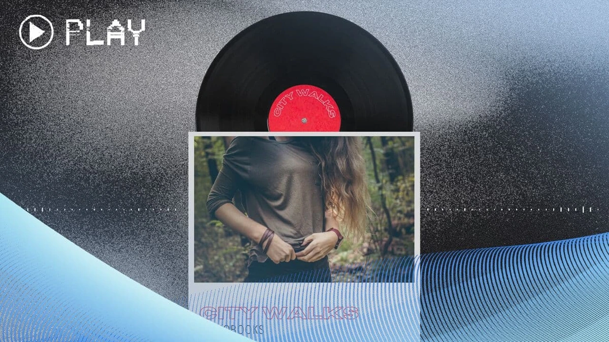 lovo marketing visual featuring a vinyl record labeled 'City Walks' with a play button icon, and a photograph of a person in a forest.