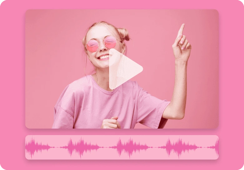 lovo video editor showing a smiling woman playing a video with an audio waveform in a clean pink interface.