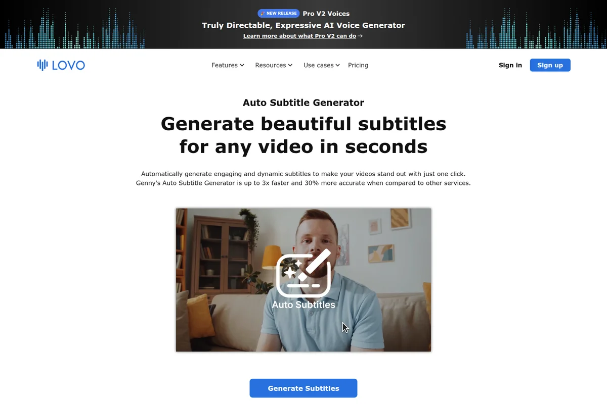 Lovo Auto Subtitle Generator page showing a video player with an 'Auto Subtitles' overlay and a person, demonstrating automated captioning.