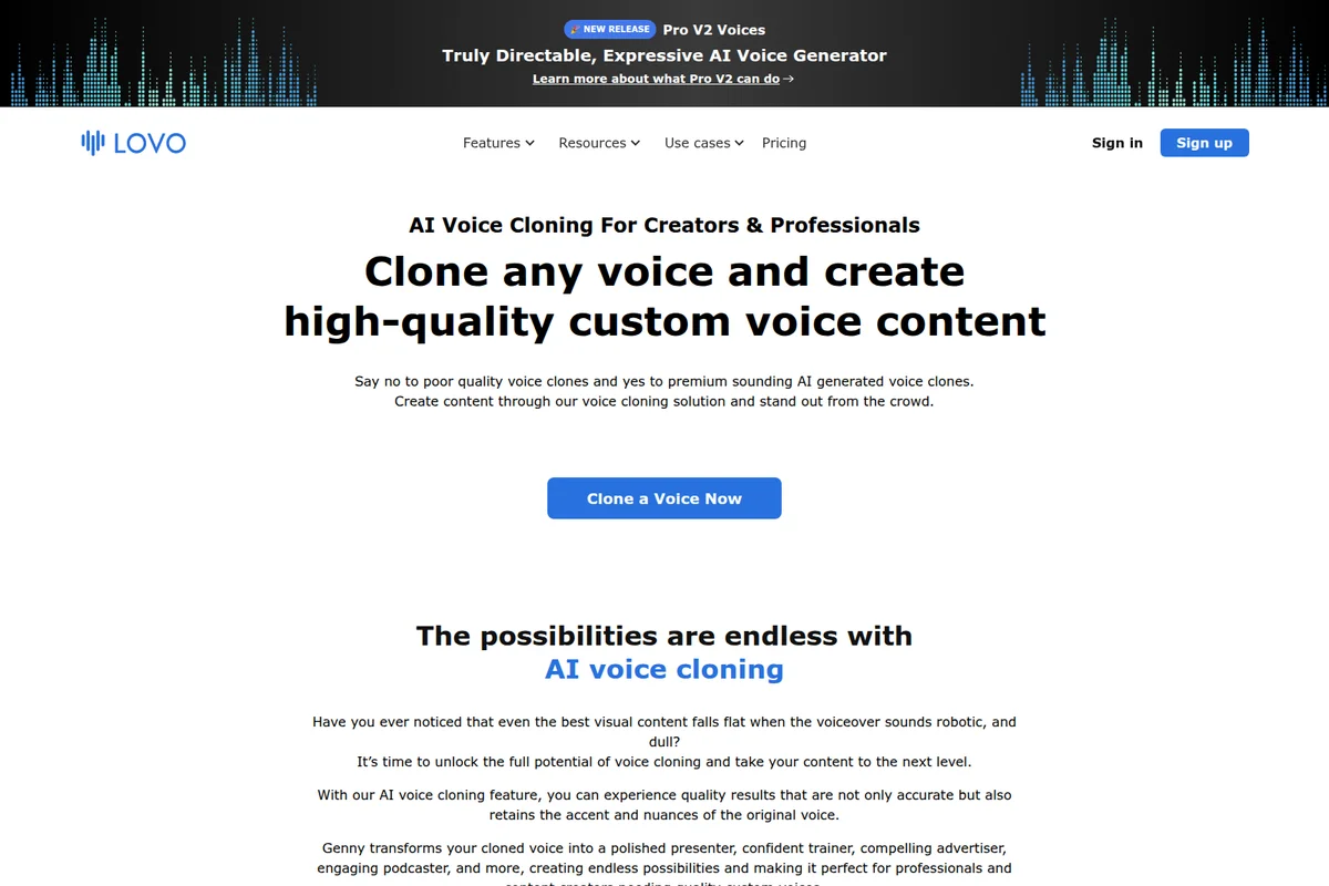LOVO feature page showcasing AI voice cloning capabilities with a clean, modern design.