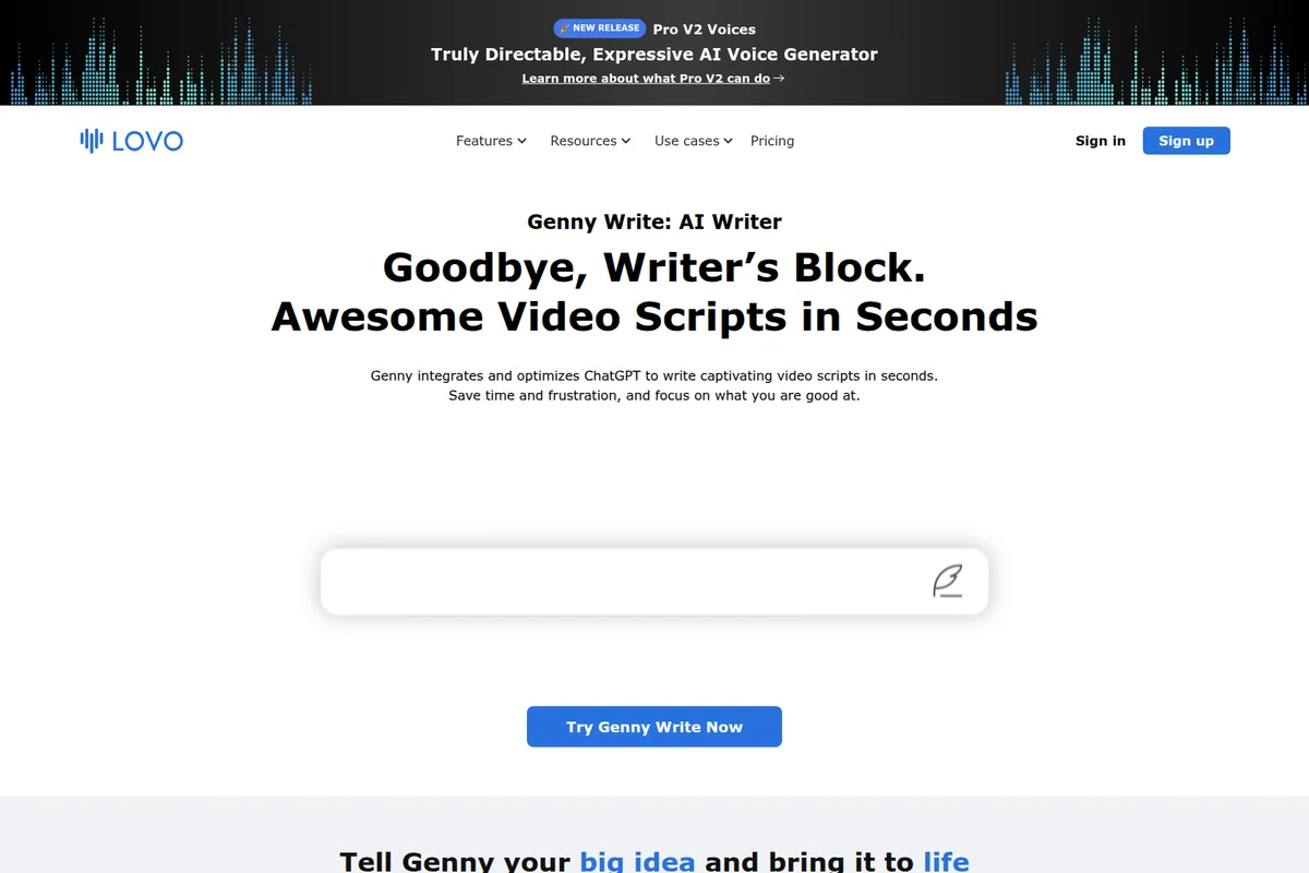 Lovo AI writer landing page for Genny Write showing the AI prompt input field with a clean, modern white interface.