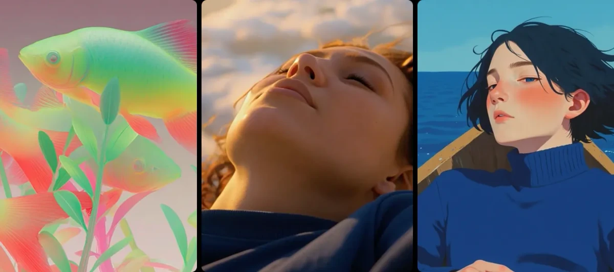 ltx-studio output sample showcasing diverse AI-generated images, including stylized fish art, a photorealistic portrait, and an anime illustration.