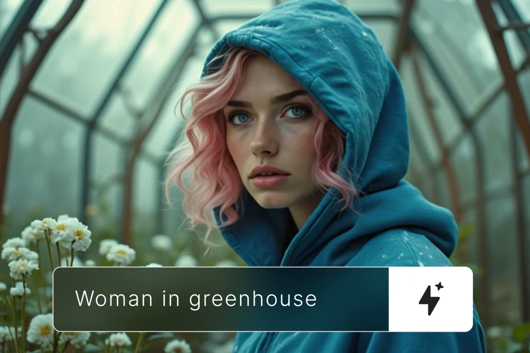 ltx-studio output sample showing an AI-generated portrait of a woman in a greenhouse with a dark prompt display.