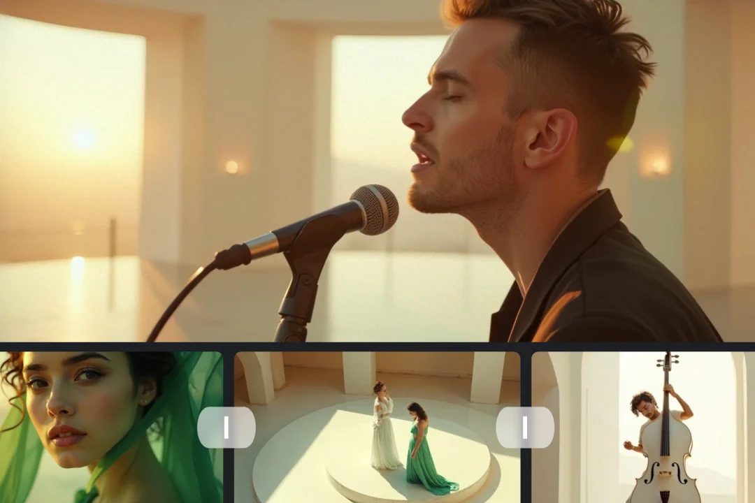 ltx-studio video creation interface showcasing diverse AI-generated video clips and a singer performance in a clean, modern layout.