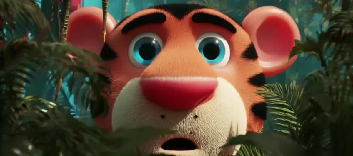 ltx-studio output sample showing a surprised animated tiger peeking through lush jungle foliage.