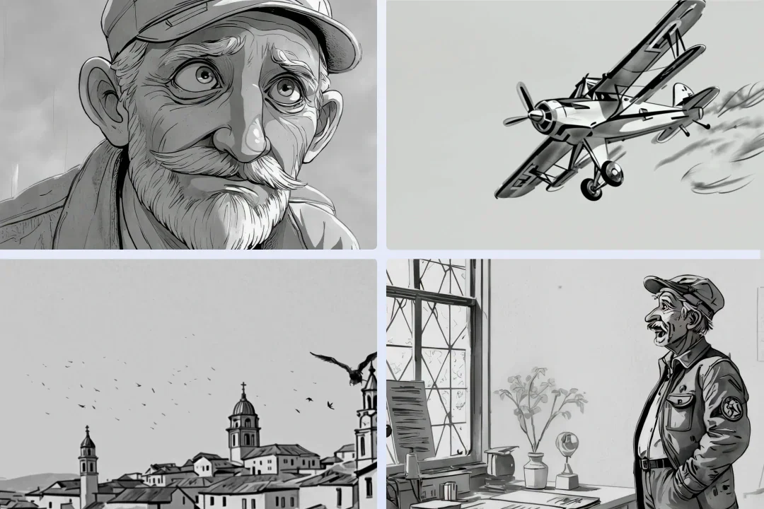 ltx-studio output sample showing a four-panel narrative of an old man, a biplane, and a village in a monochrome illustration style.