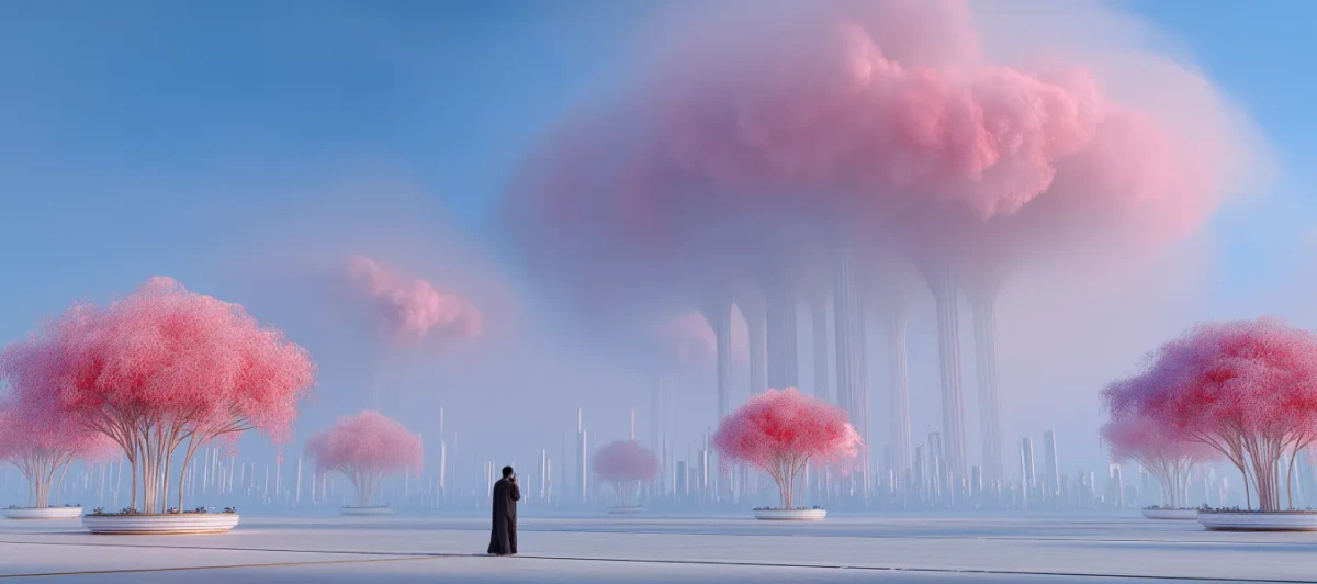 ltx-studio generated scene showing a surreal landscape with pink trees, soft clouds, and a lone figure in a futuristic setting.