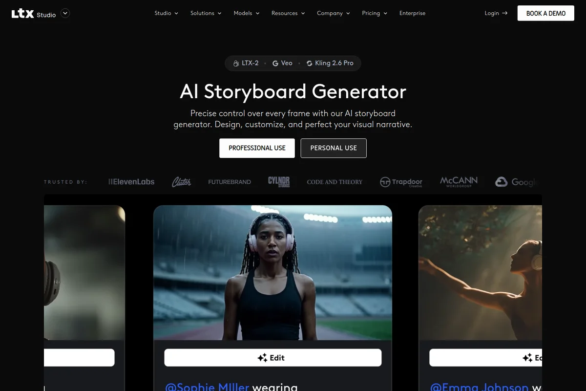 Ltx Studio AI Storyboard Generator displaying photorealistic storyboard frames with a dark-themed user interface.