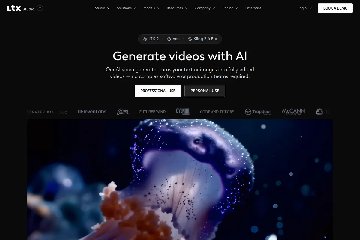 Ltx Studio landing page demonstrating AI video generation capabilities with professional and personal use options, featuring a vibrant AI-generated jellyfish video.