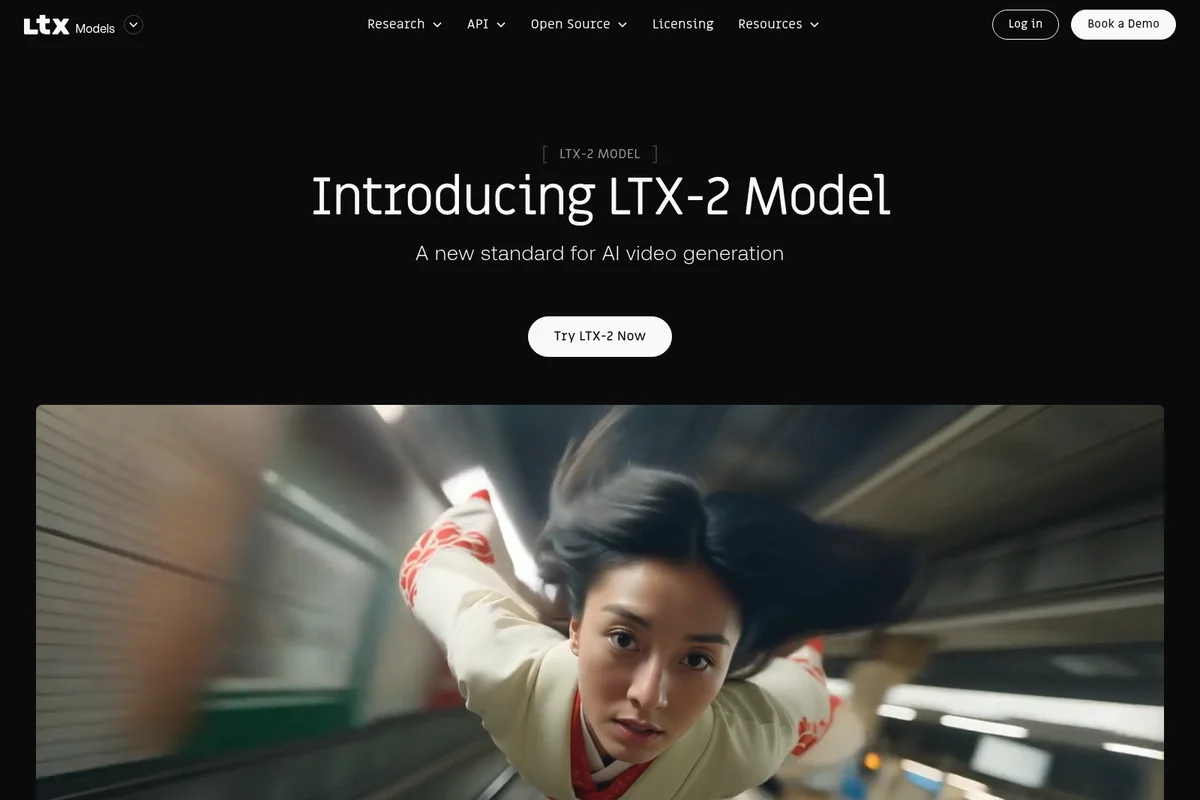 LTX-2 Model landing page showcasing AI video generation capabilities with a dynamic video output sample.