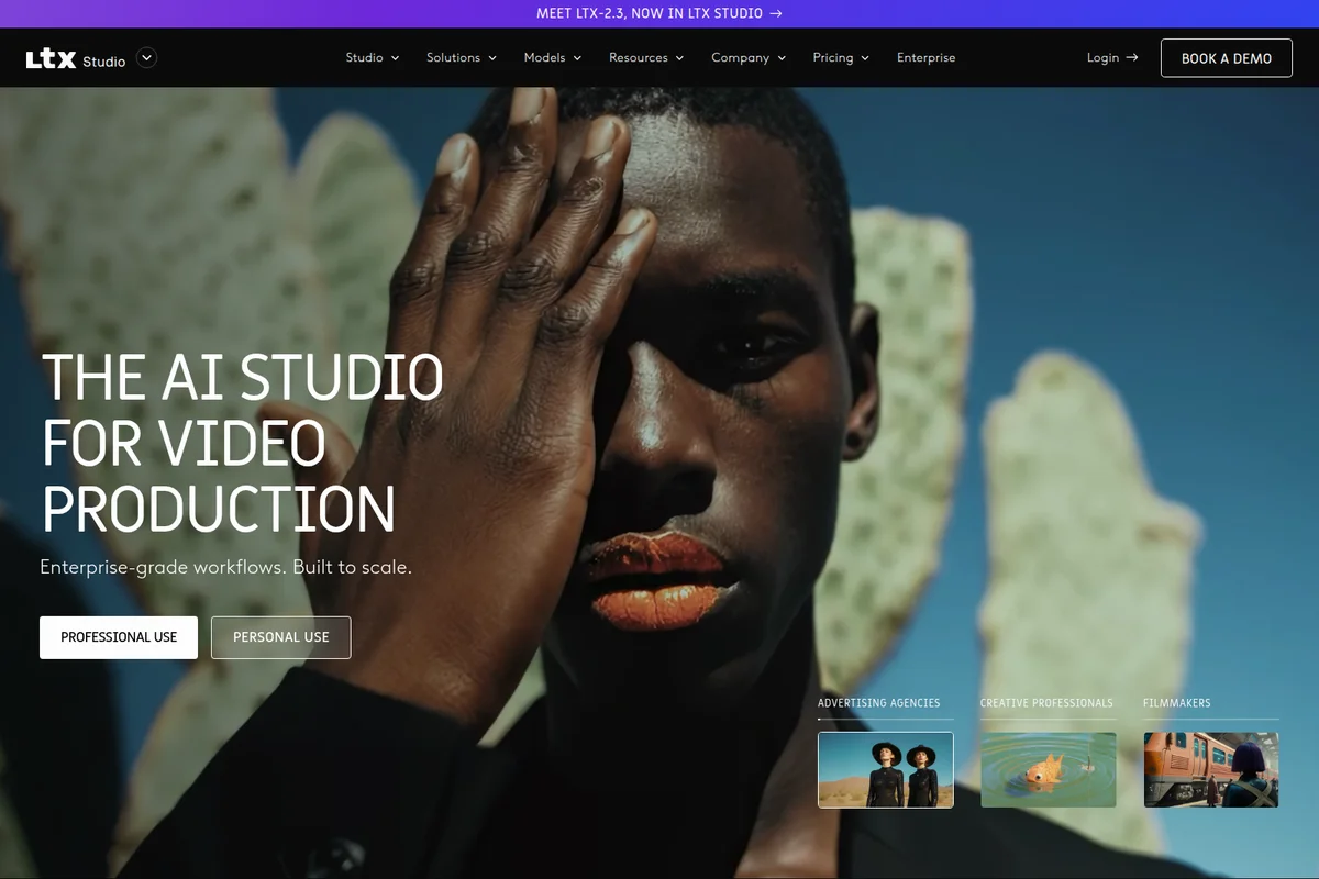 Ltx Studio homepage hero presenting its AI video production capabilities with a striking model and diverse use-case examples.