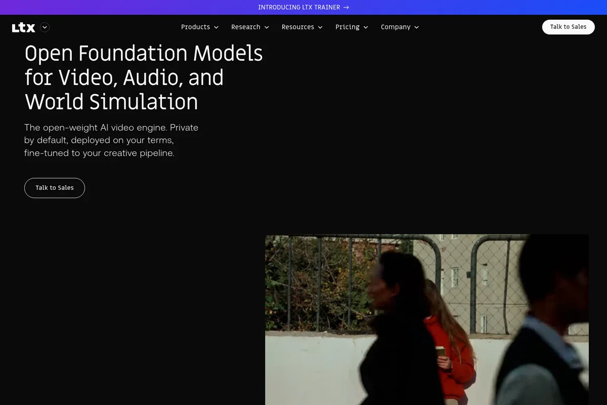 ltx homepage showcasing AI foundation models for video and audio simulation with a dark-mode minimalist design