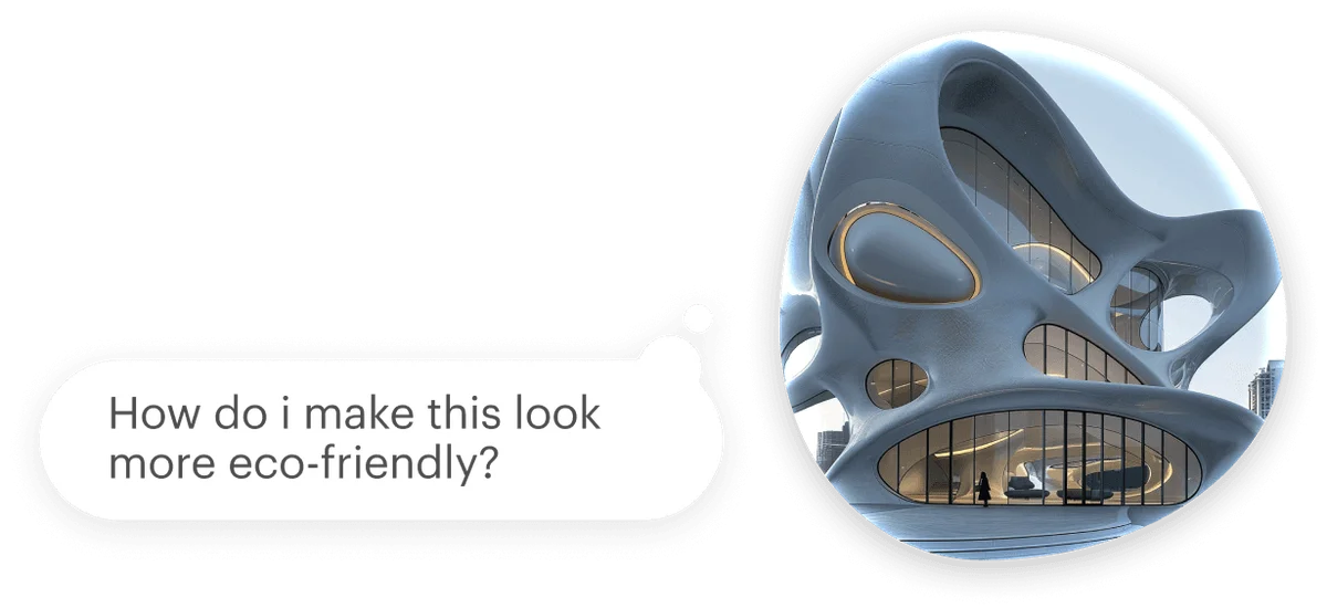 luma-dream-machine workspace showing an AI-generated futuristic building and a user's prompt asking to make it more eco-friendly.