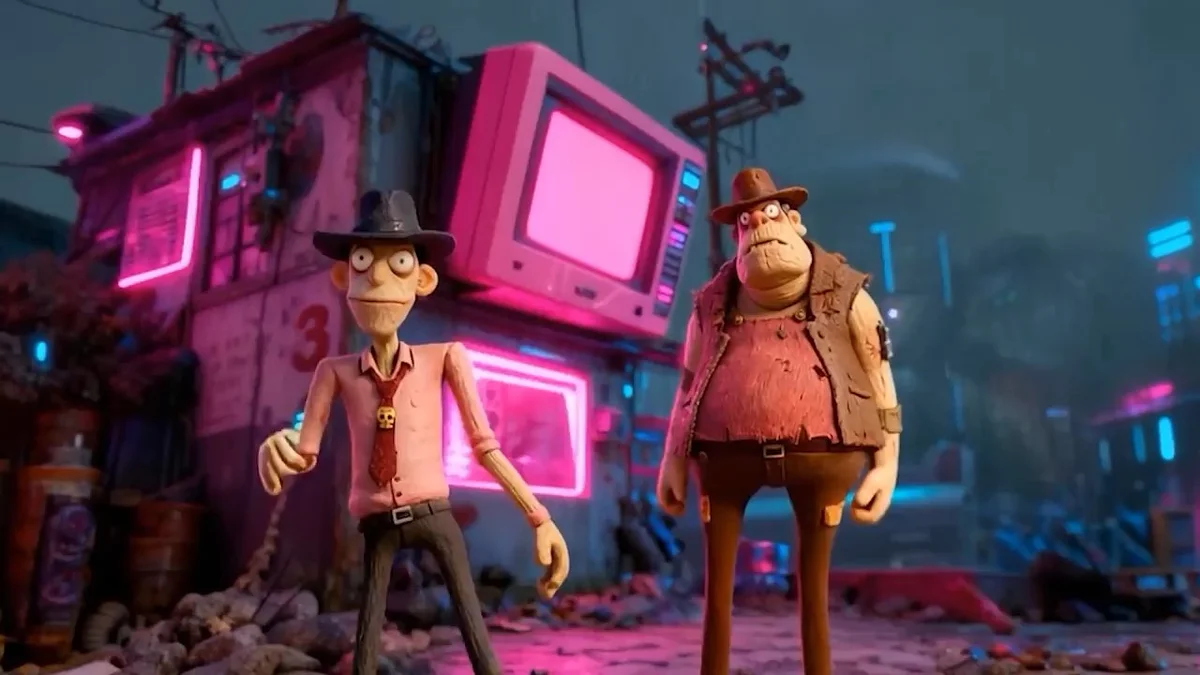 Luma Dream Machine output sample showing two distinct animated characters in a neon-lit, gritty city environment.