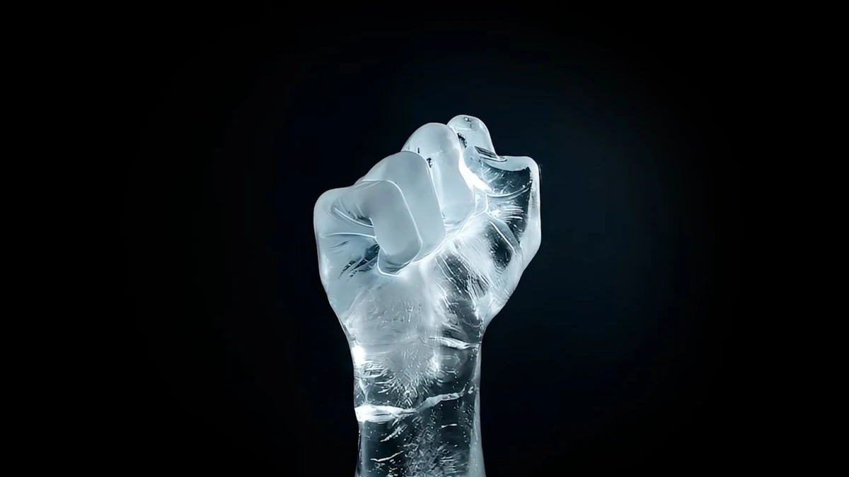Luma Dream Machine output sample showing a detailed, translucent ice fist against a dark background, highlighting realistic material rendering.
