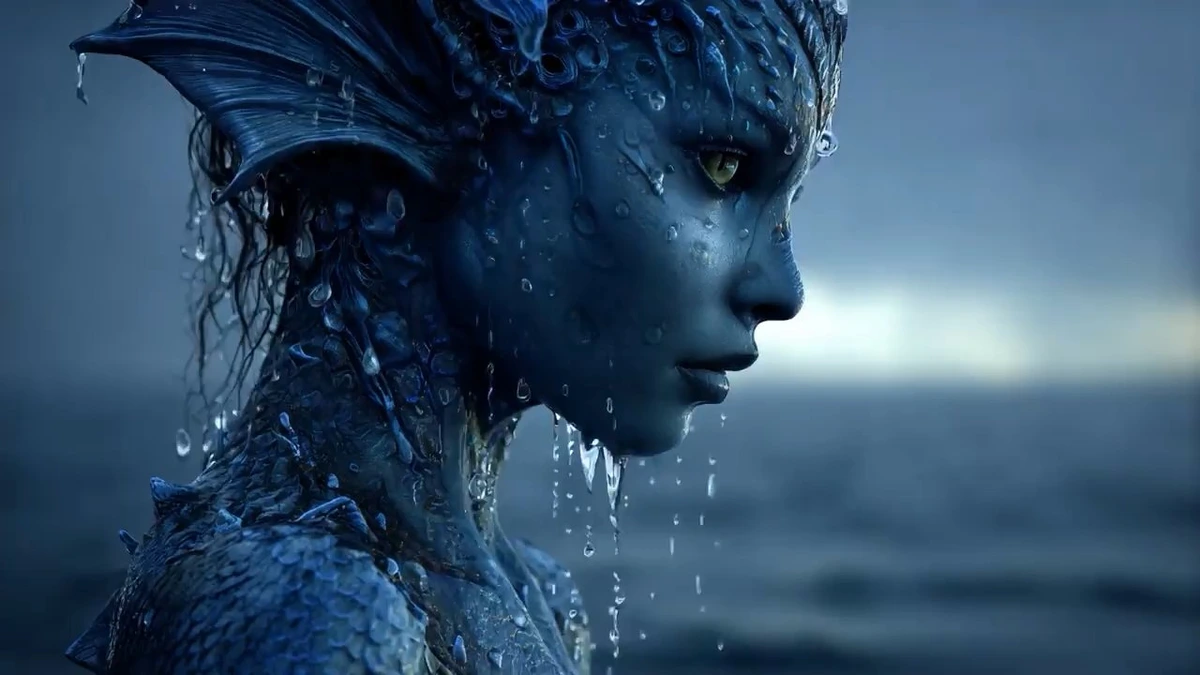 Luma Dream Machine output sample: a photorealistic blue water creature with scales and dripping water, highlighting intricate detail.