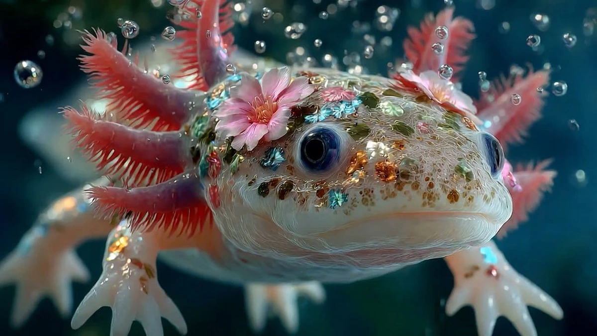 Luma Dream Machine output sample showing a whimsical axolotl adorned with flowers and glitter in clear water.