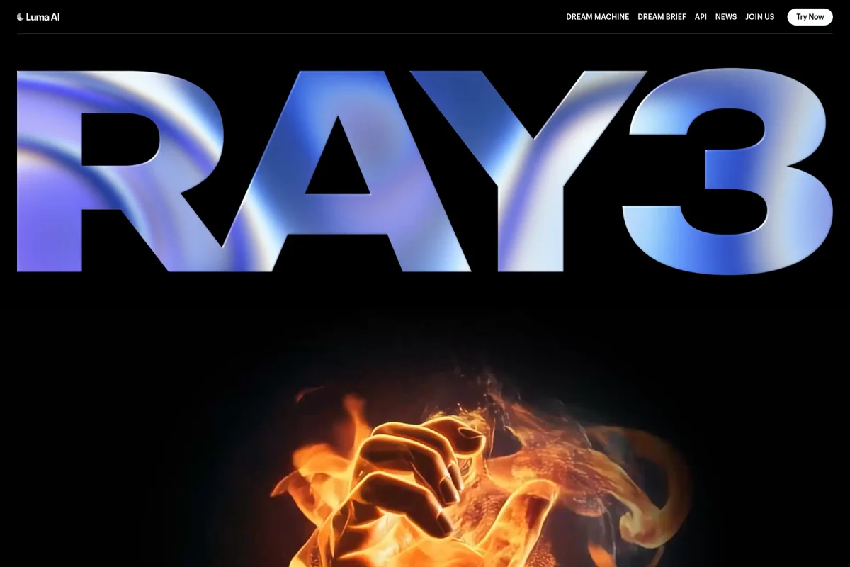 Luma AI Dream Machine landing hero featuring large, iridescent 'RAY3' text above a powerful, fiery hand.