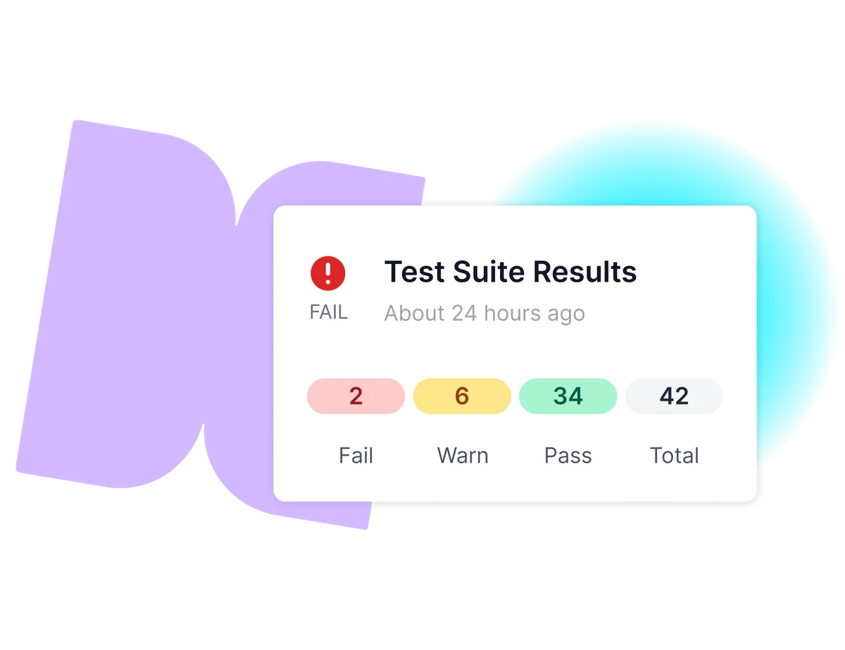 Lumar output sample showing test suite results with color-coded fail, warn, and pass counts on a modern dashboard interface.