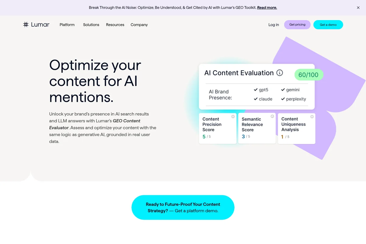 Lumar feature deep-dive showing AI content evaluation scores and brand presence checks with a clean, modern UI.