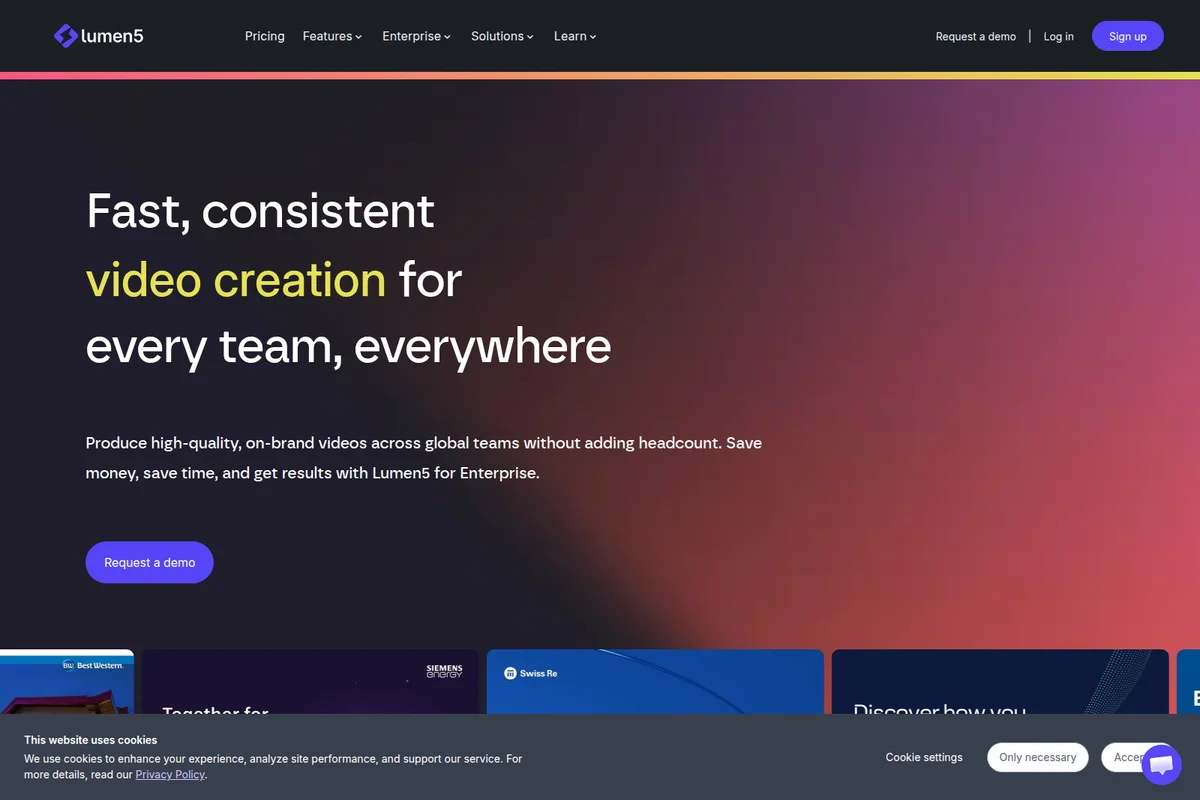 Lumen5 landing page hero section showing value proposition for video creation with a dark gradient background