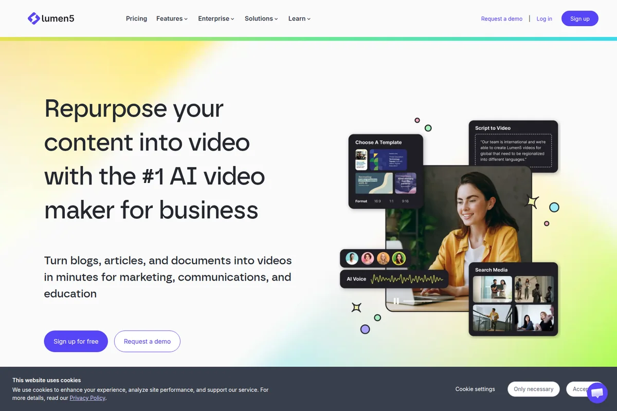 Lumen5 homepage hero demonstrating AI video creation with template selection, script editor, and media search in a modern interface.