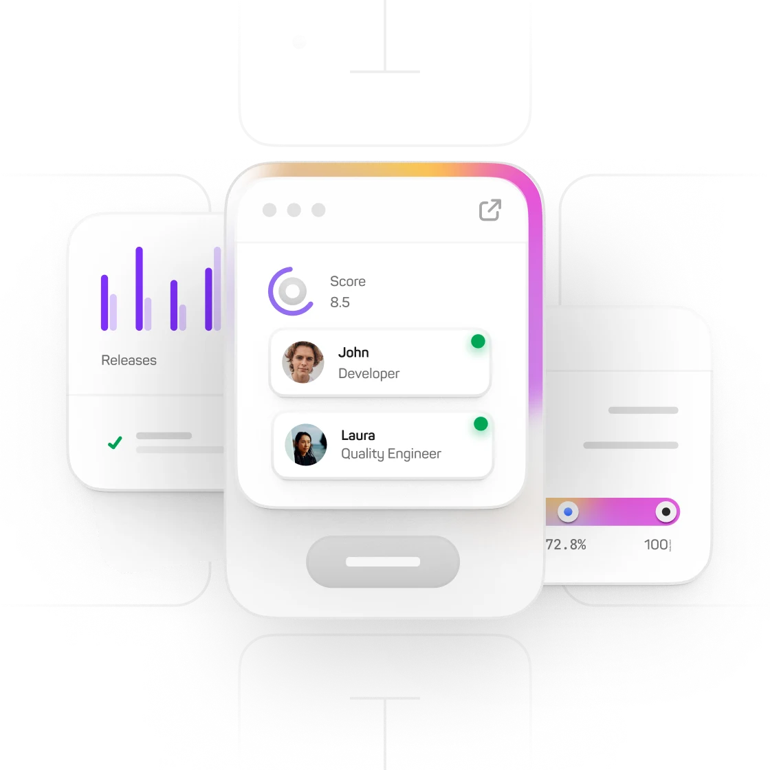 Mabl workspace dashboard displaying release performance metrics, team member scores, and project progress bars in a modern UI.