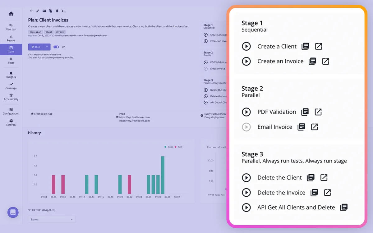 mabl test plan workspace showing client invoices automation stages and history graph with a clean purple-themed interface