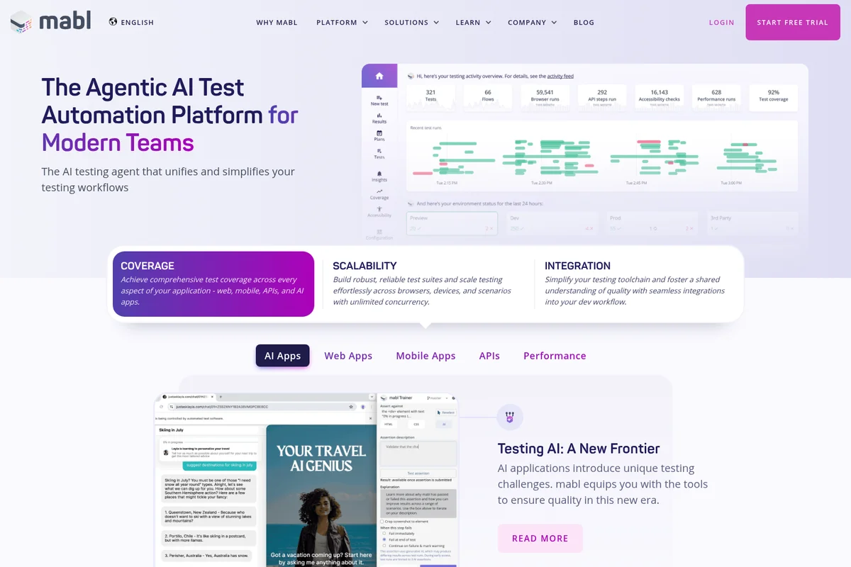 Mabl platform page showing an AI test automation dashboard, test activity overview, and feature categories.