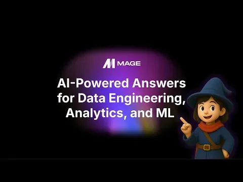 Mage AI landing hero showcasing AI-powered answers for data engineering, analytics, and ML with a friendly wizard character.