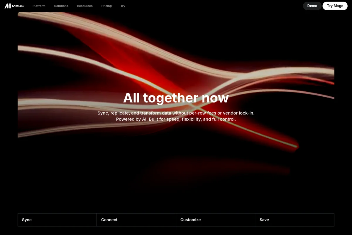 Mage AI landing page hero showcasing AI-powered data integration capabilities with a dark-mode interface and dynamic glowing red and white lines.