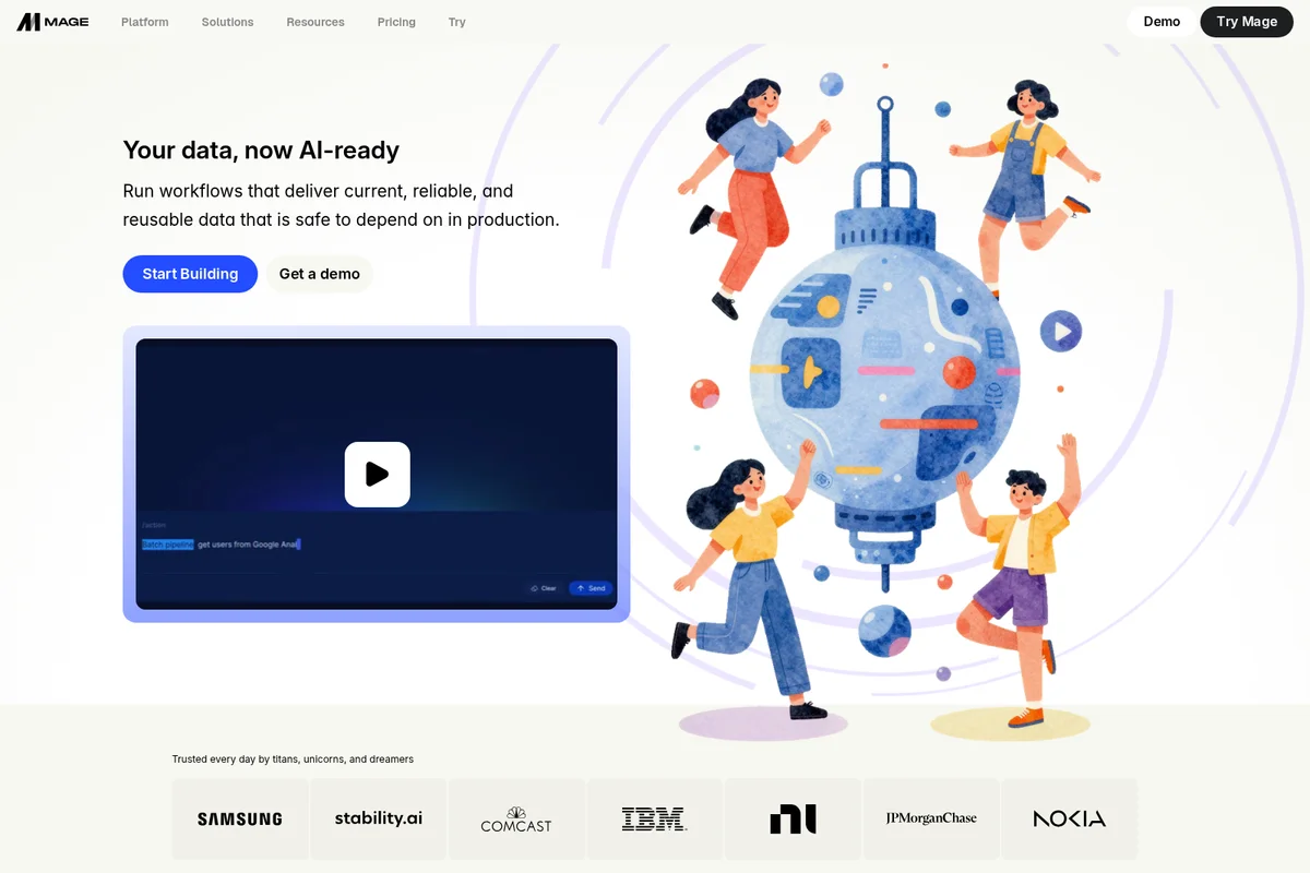 Mage AI landing page hero showcasing AI-ready data workflows with a product video snippet and dynamic illustrations.