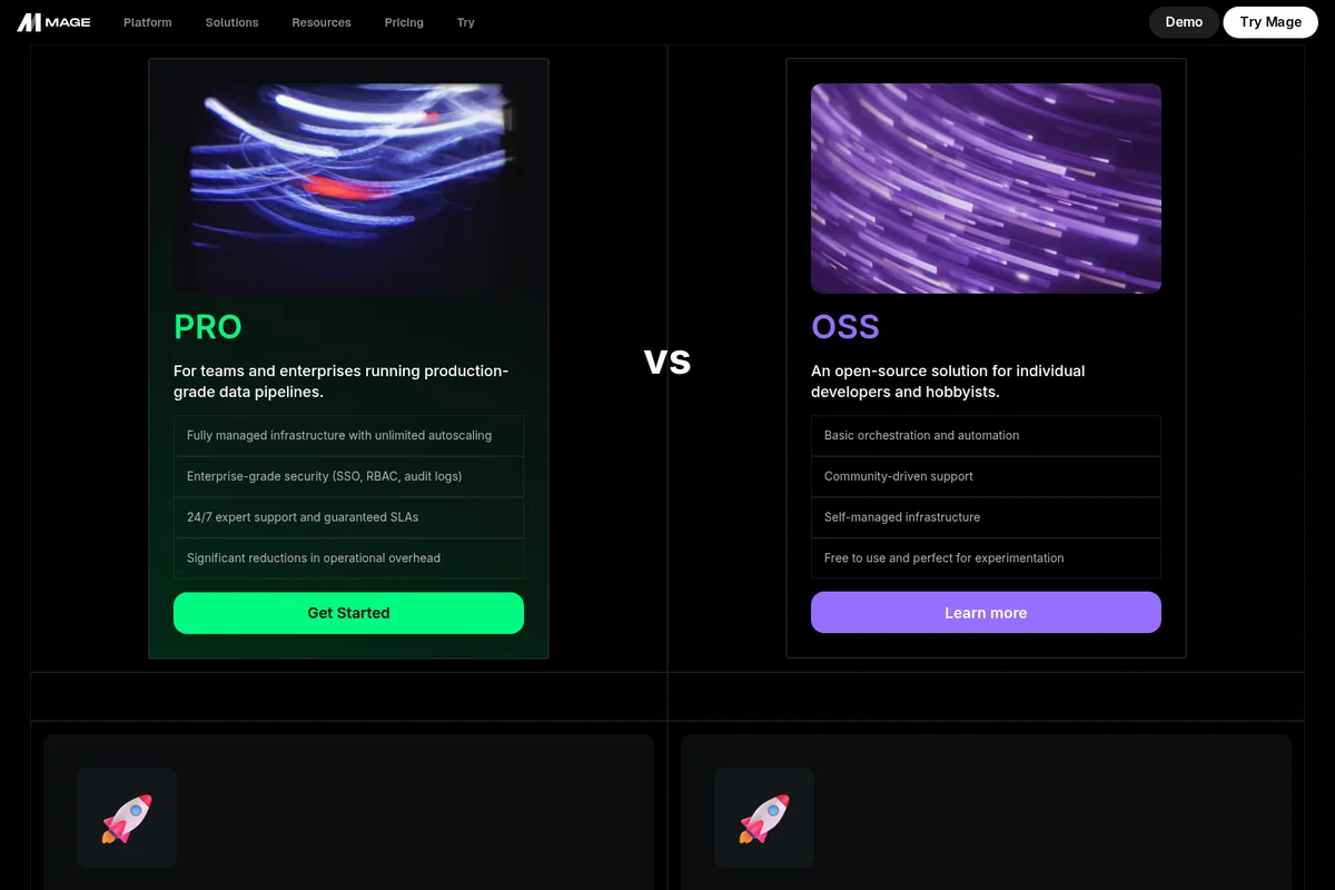 Mage AI plans comparison showing PRO and OSS versions with feature lists and abstract data visuals in a dark theme.
