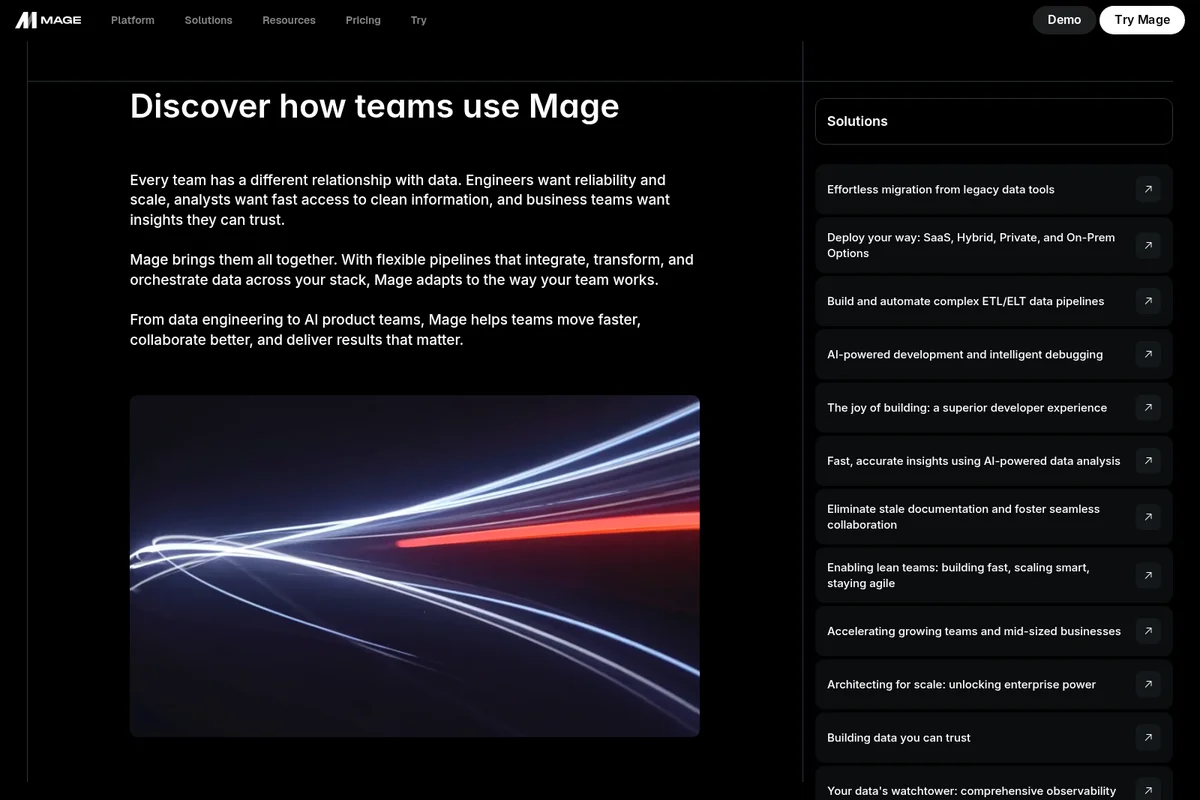 Mage AI solutions page outlining how teams use the platform with a dark-themed interface.