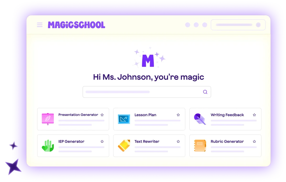 MagicSchool workspace UI showing AI feature generators for educators with a clean, friendly interface.