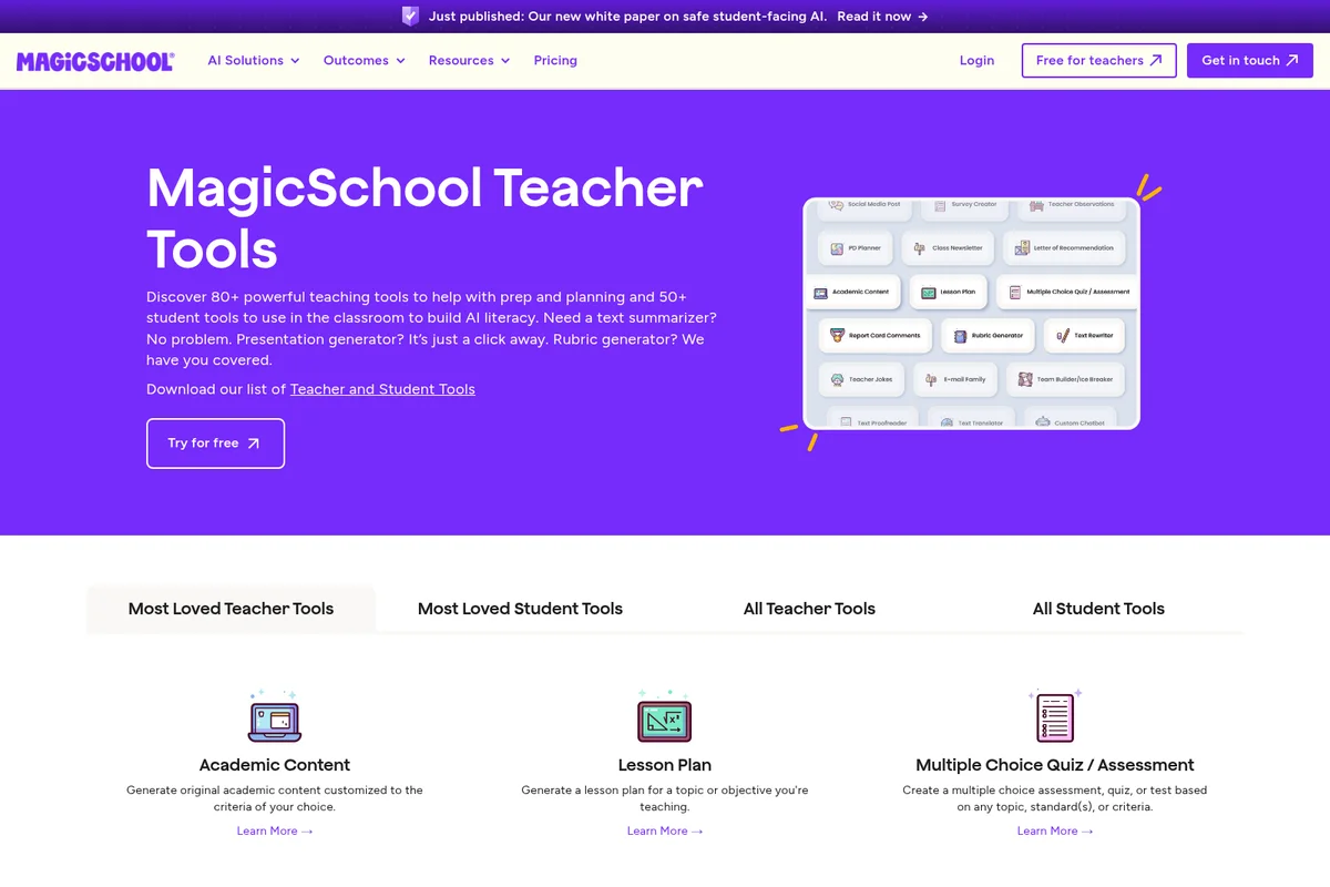 MagicSchool landing page showcasing 80+ teacher and student AI tools with a modern, vibrant purple and white interface.