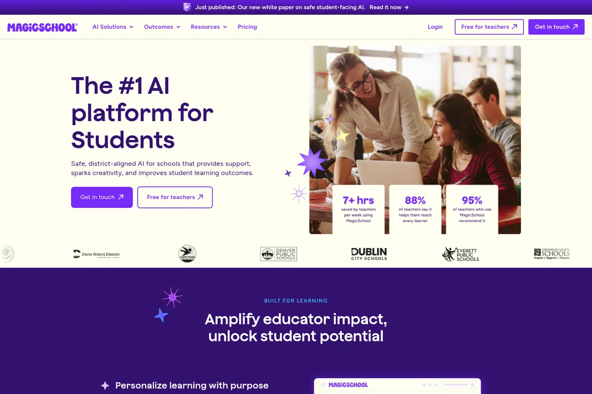 MagicSchool homepage hero showcasing its #1 AI platform for students, featuring teachers and students collaborating with technology in a modern, clean interface.