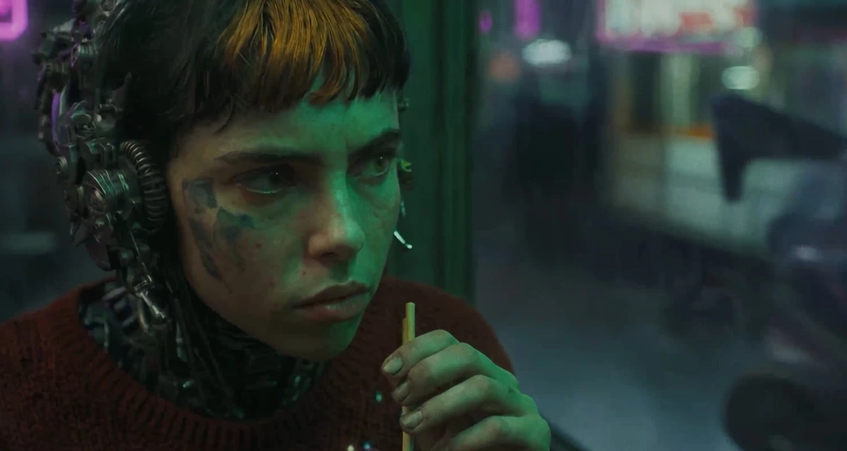 Magnific AI output showing a futuristic cybernetic person with green lighting and intricate details, highlighting enhanced image quality.