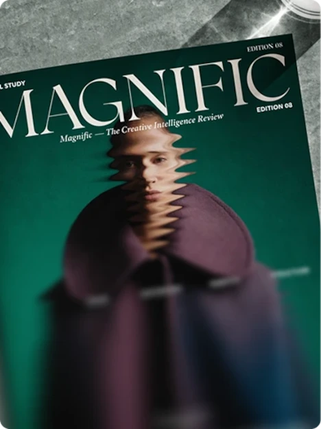 Magnific magazine cover showcasing a creative, warped portrait of a person against a bold green background.