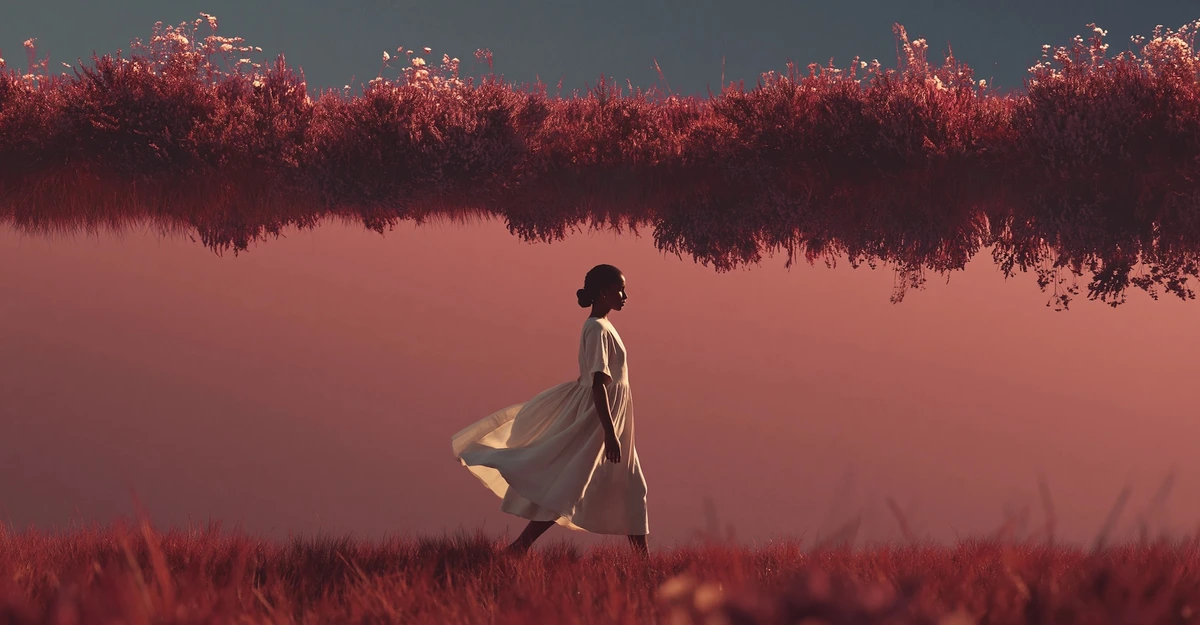 Magnific AI output showing a surreal inverted landscape with a walking figure, featuring deep red and muted blue tones.