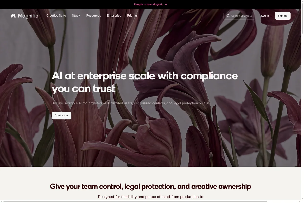 Magnific landing-hero showing AI at enterprise scale with compliance on a dark floral background.