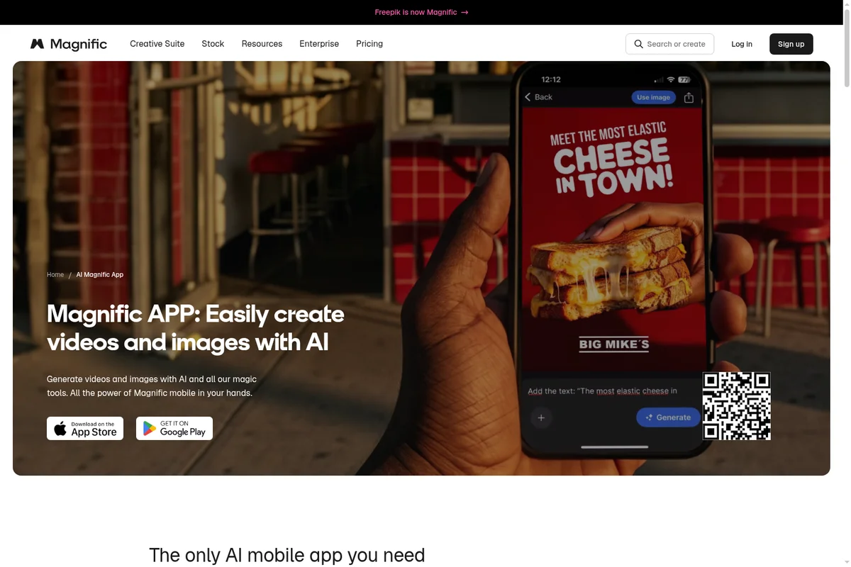 Magnific mobile app UI demonstrating AI image generation, showing a grilled cheese sandwich and a text prompt, within a webpage showcasing the app.
