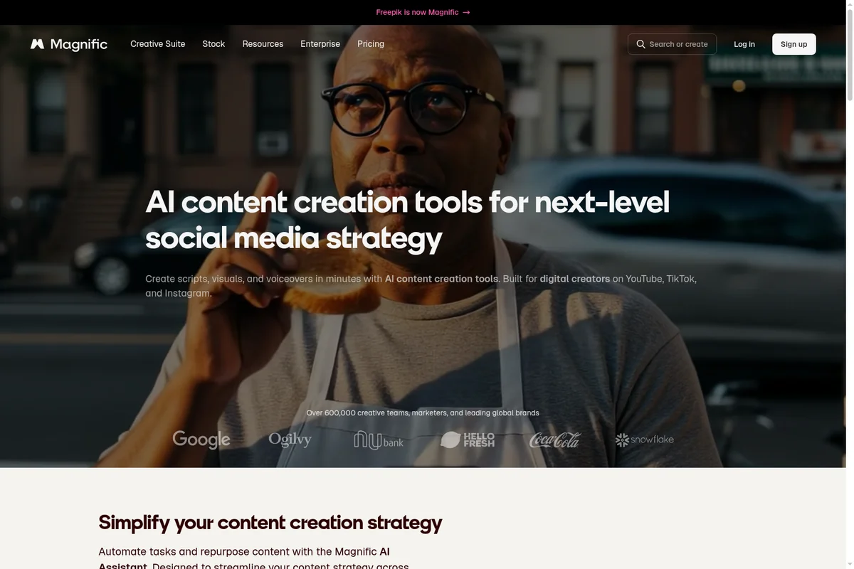 Magnific landing page hero featuring a man holding toast, announcing AI content creation tools for social media strategy with a modern dark theme.