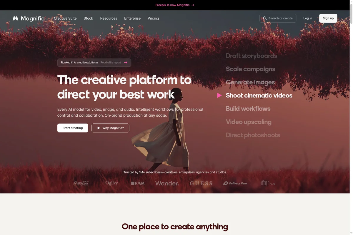 Magnific homepage showing a person in a scenic field and a list of creative AI capabilities with a modern, high-contrast design.