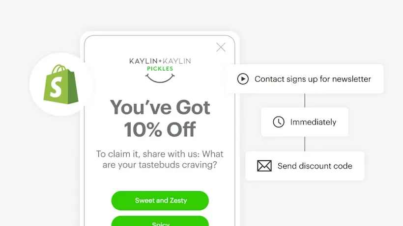 Mailchimp automation workflow showing an instant discount pop-up for Kaylin+Kaylin Pickles triggered by newsletter sign-up with a clean interface.