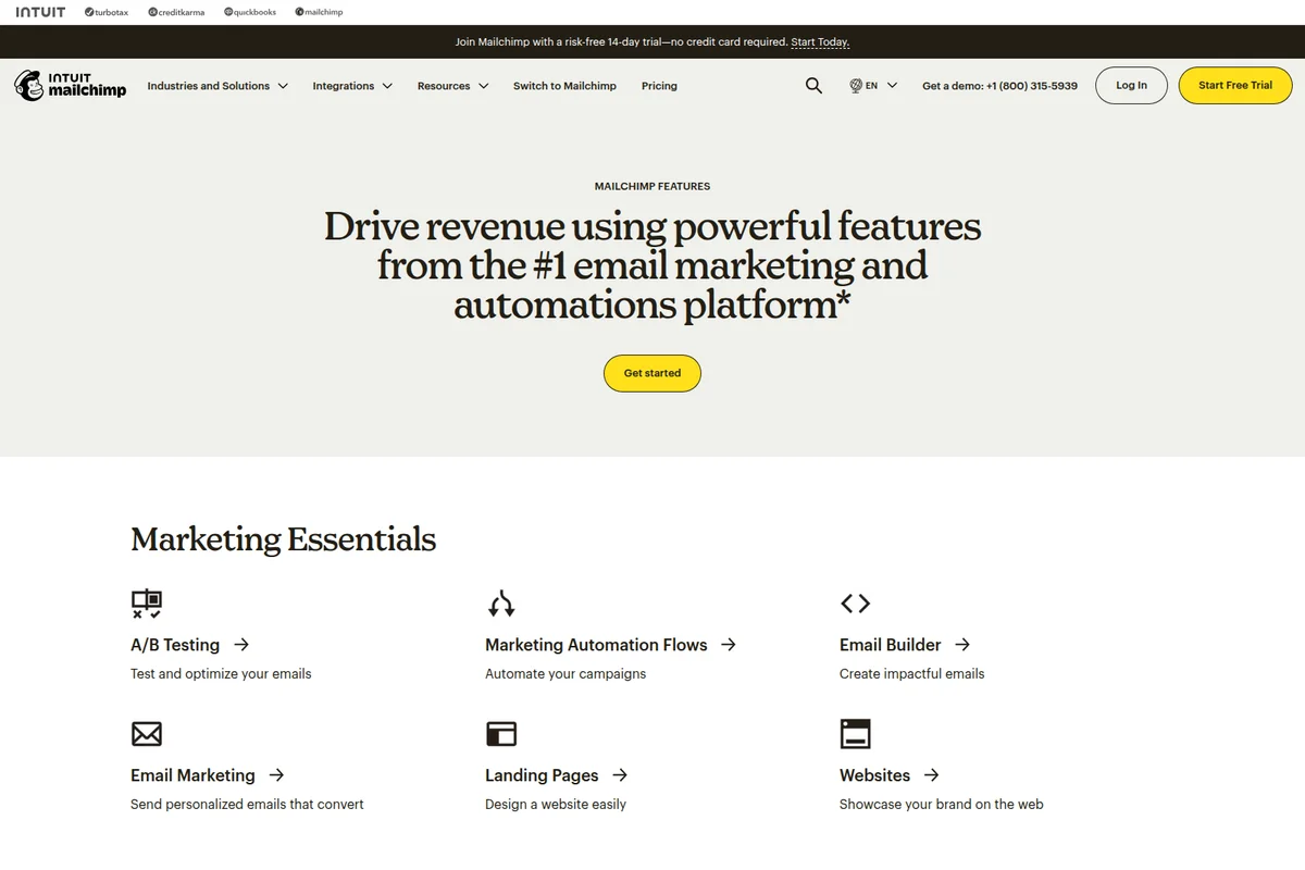 Mailchimp features page displaying marketing essentials and platform capabilities with a clean, light interface.