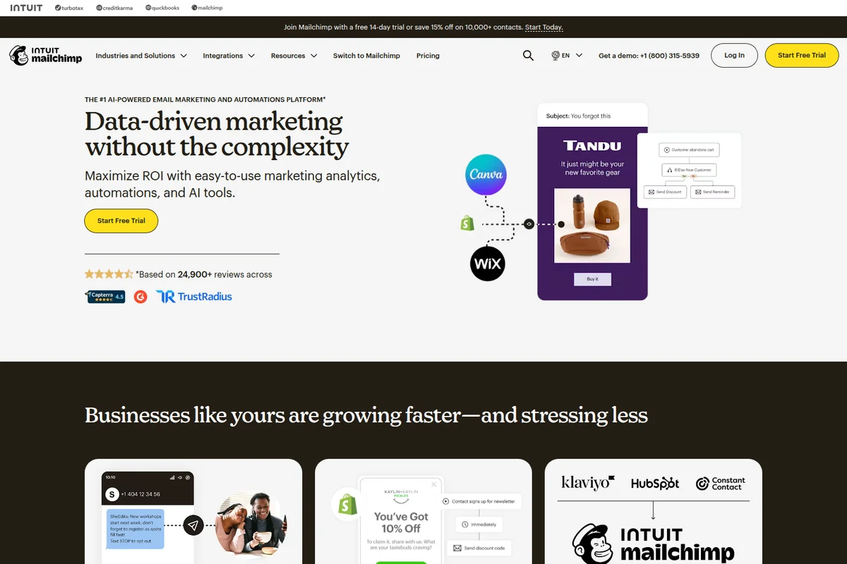 Mailchimp homepage hero showing data-driven marketing tools and automation workflows with a clean, modern interface.