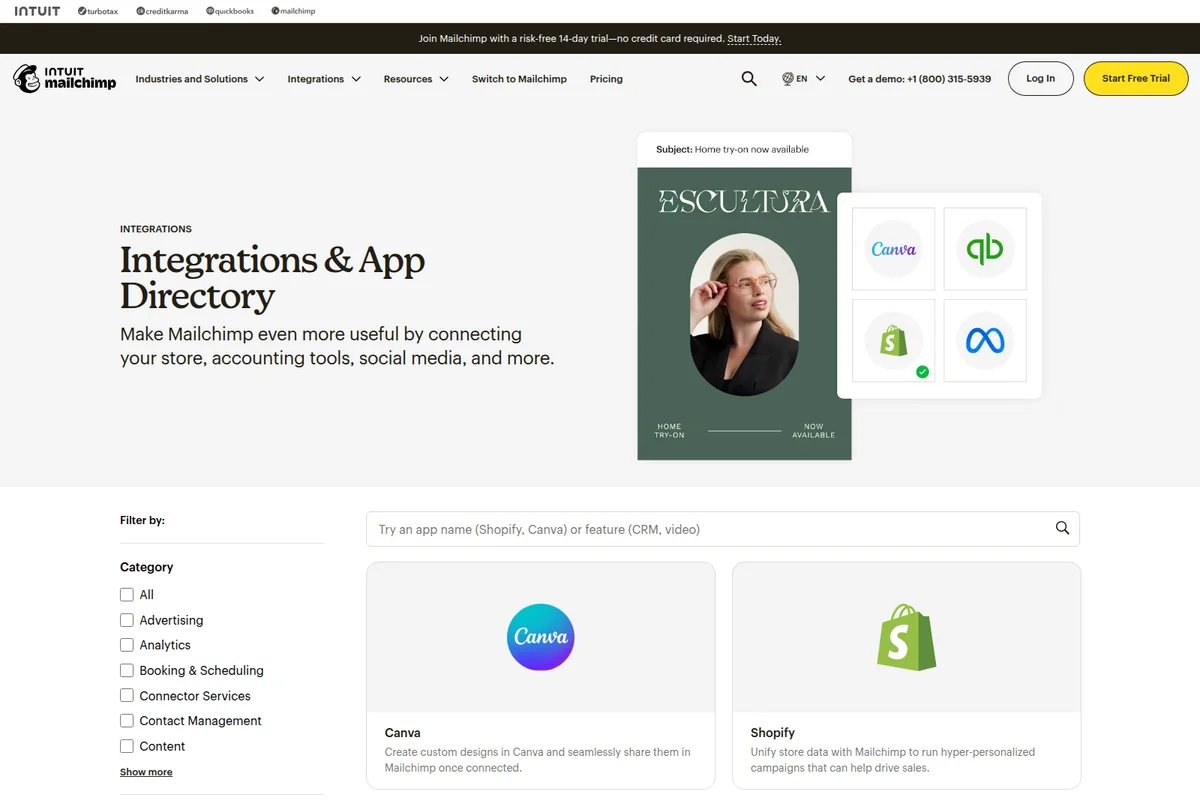 Mailchimp Integrations & App Directory showing app listings for Canva and Shopify with a modern, clean interface and filtering options.