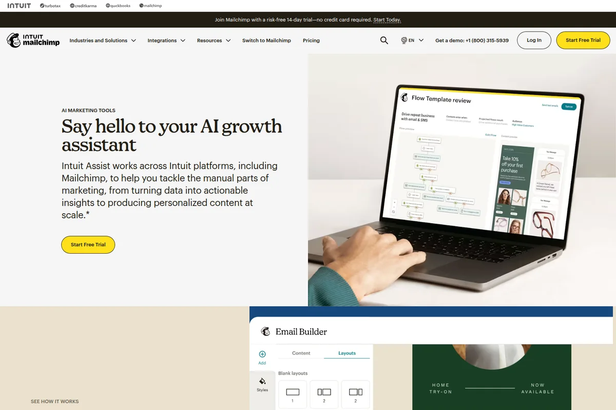 Mailchimp AI marketing tools workspace showing a user building an email and SMS flow on a laptop with a modern interface.