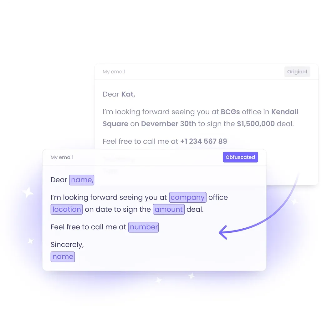 MailMaestro feature demonstrating sensitive data obfuscation in emails, displaying original and anonymized versions with a clean, modern interface.